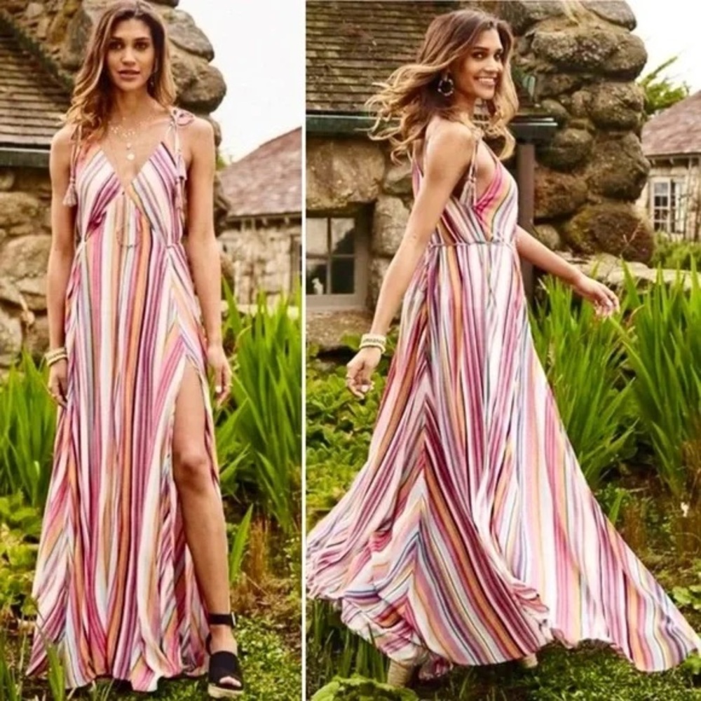 Altar’d State Quesada Maxi Dress Rainbow Stripe Side Slit Tassels Small EUC - Picture 2 of 8